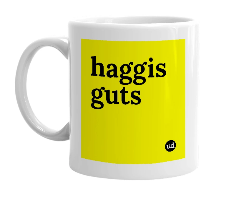 White mug with 'haggis guts' in bold black letters