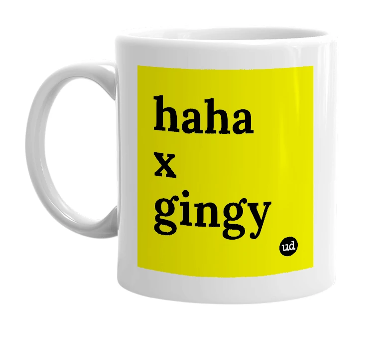White mug with 'haha x gingy' in bold black letters