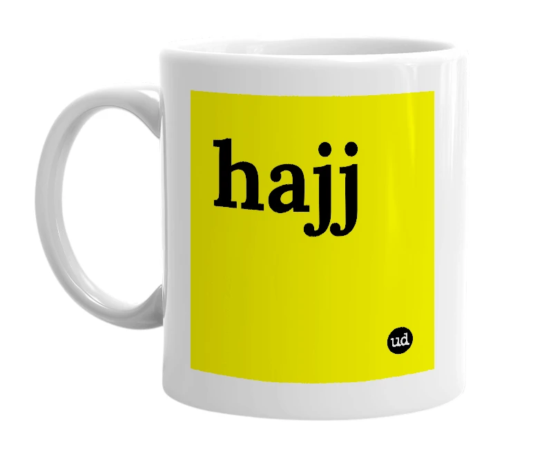 White mug with 'hajj' in bold black letters