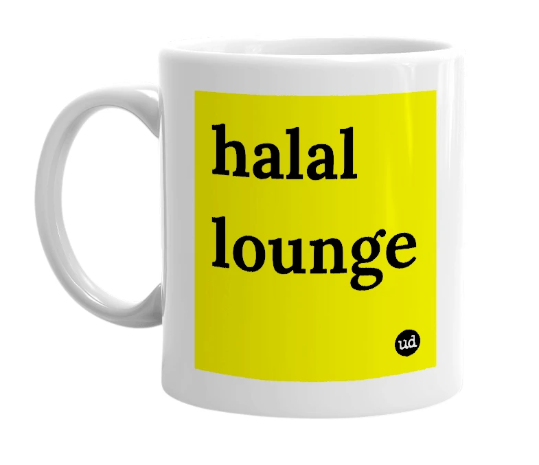White mug with 'halal lounge' in bold black letters