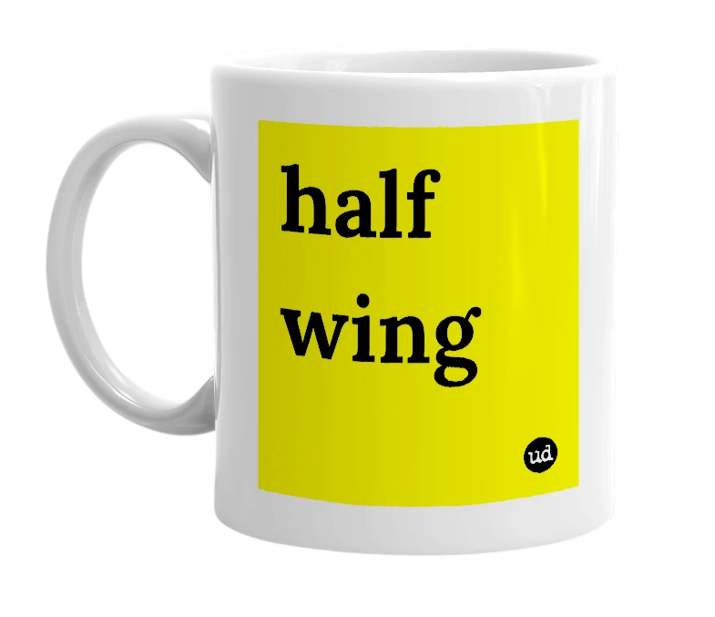 White mug with 'half wing' in bold black letters