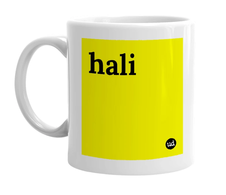 White mug with 'hali' in bold black letters
