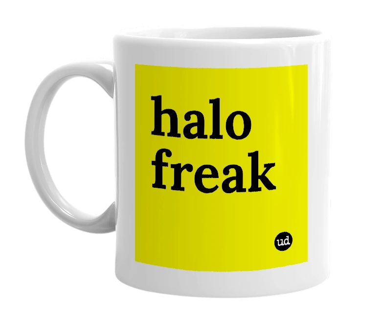 White mug with 'halo freak' in bold black letters