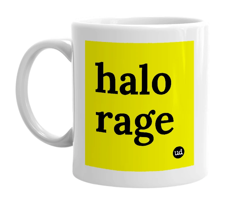 White mug with 'halo rage' in bold black letters