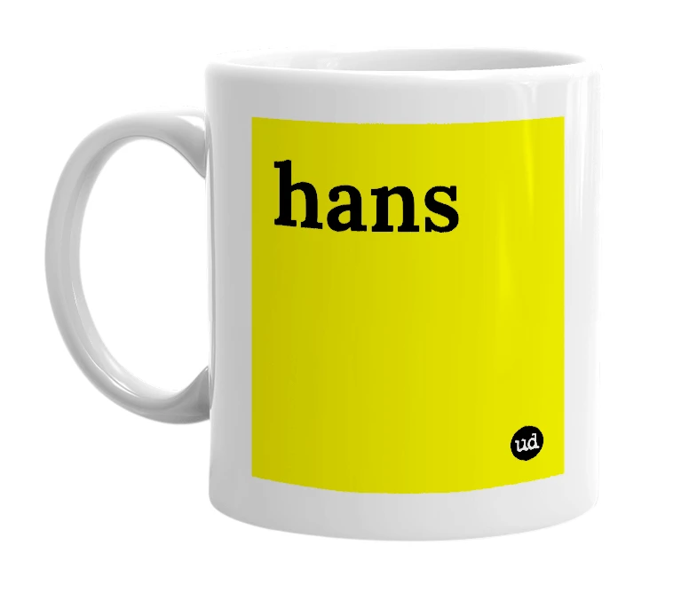White mug with 'hans' in bold black letters