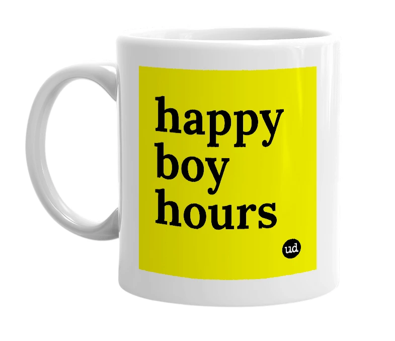 White mug with 'happy boy hours' in bold black letters