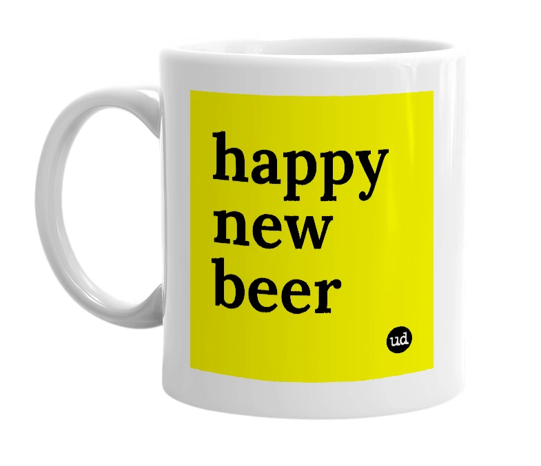 White mug with 'happy new beer' in bold black letters