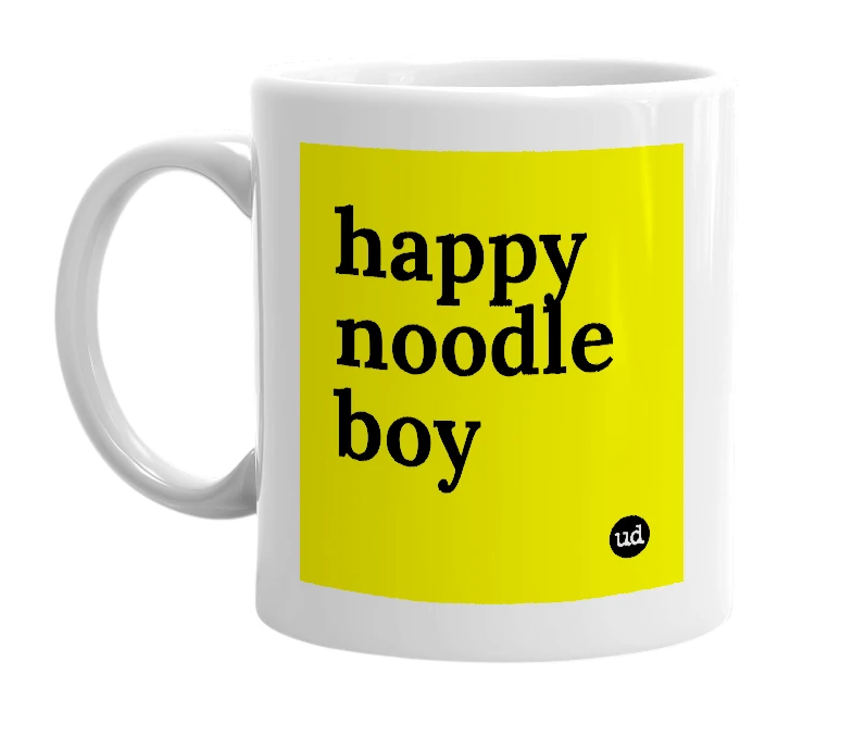 White mug with 'happy noodle boy' in bold black letters