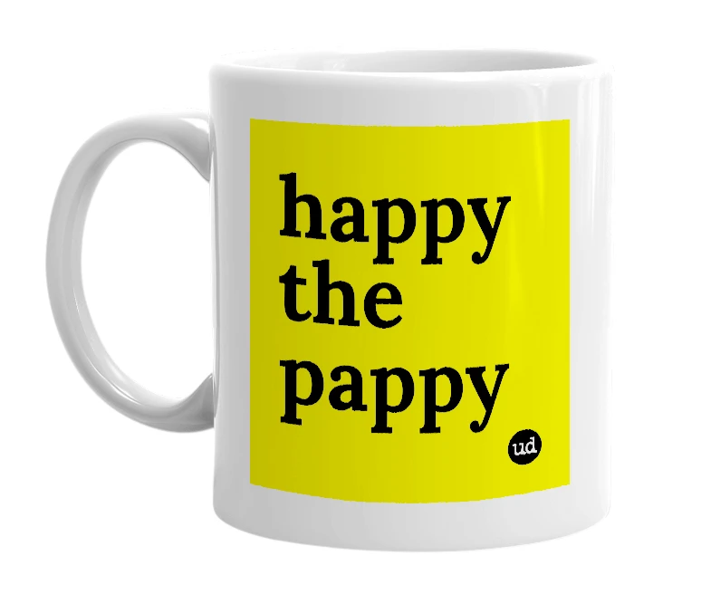 White mug with 'happy the pappy' in bold black letters