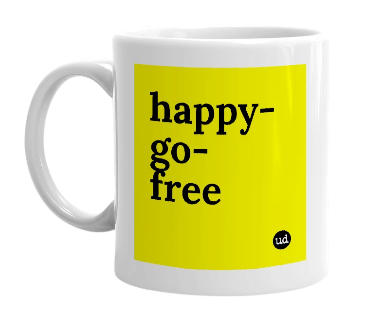 White mug with 'happy-go-free' in bold black letters