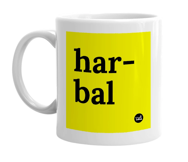 White mug with 'har-bal' in bold black letters