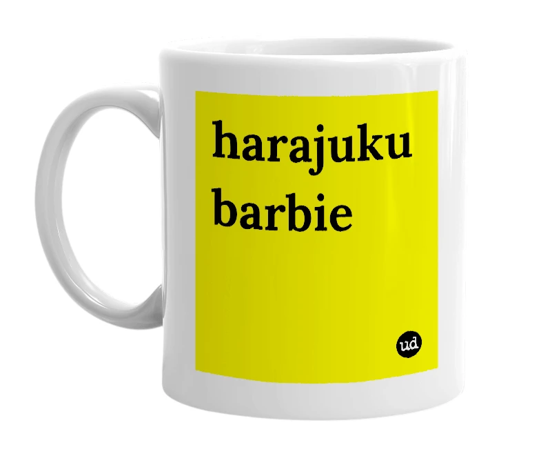 White mug with 'harajuku barbie' in bold black letters