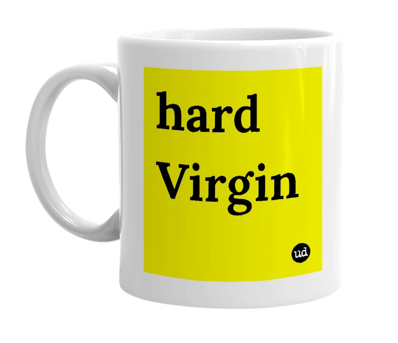 White mug with 'hard Virgin' in bold black letters