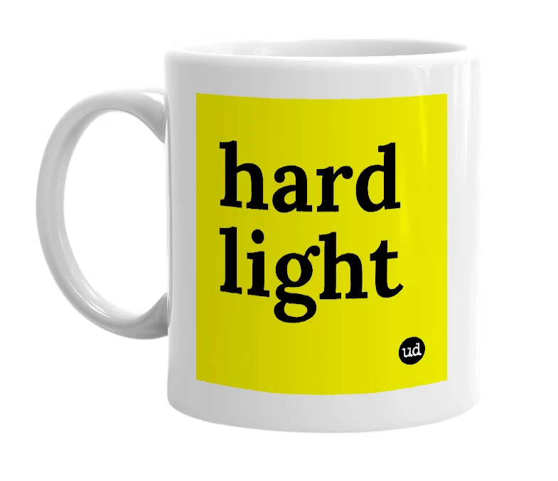 White mug with 'hard light' in bold black letters
