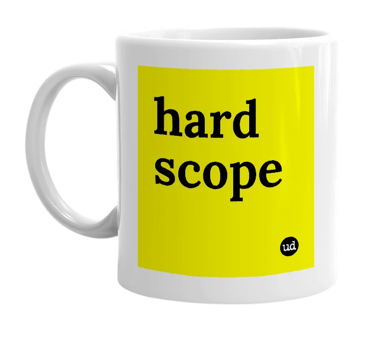 White mug with 'hard scope' in bold black letters