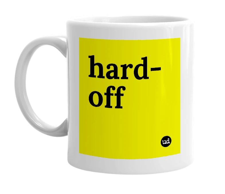 White mug with 'hard-off' in bold black letters