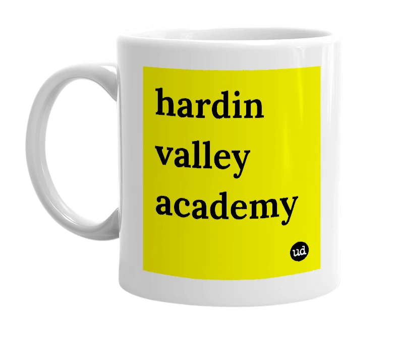 White mug with 'hardin valley academy' in bold black letters