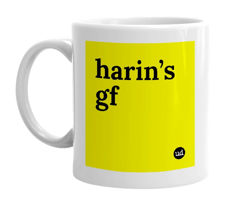 White mug with 'harin’s gf' in bold black letters