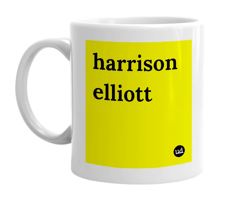 White mug with 'harrison elliott' in bold black letters
