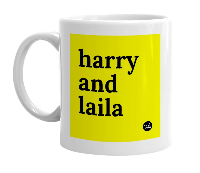 White mug with 'harry and laila' in bold black letters