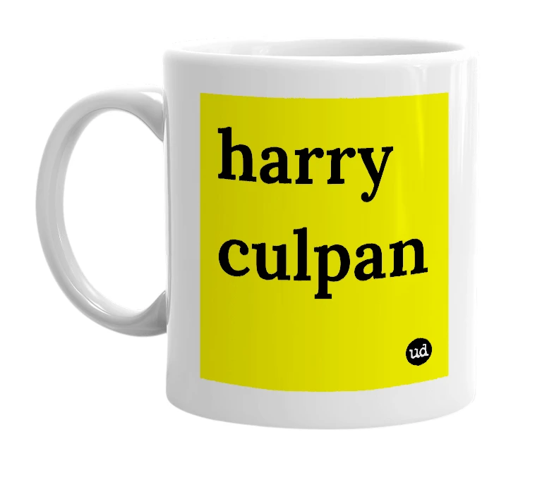 White mug with 'harry culpan' in bold black letters
