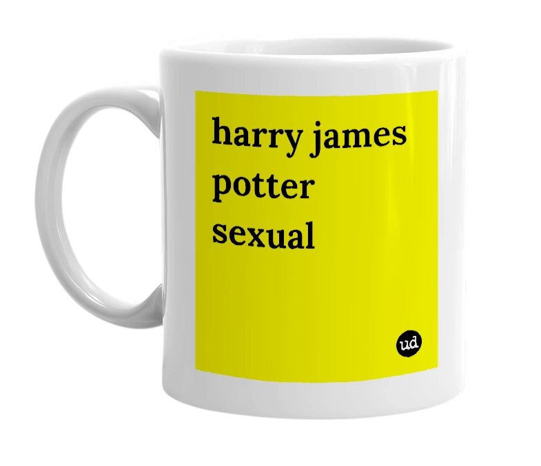 White mug with 'harry james potter sexual' in bold black letters