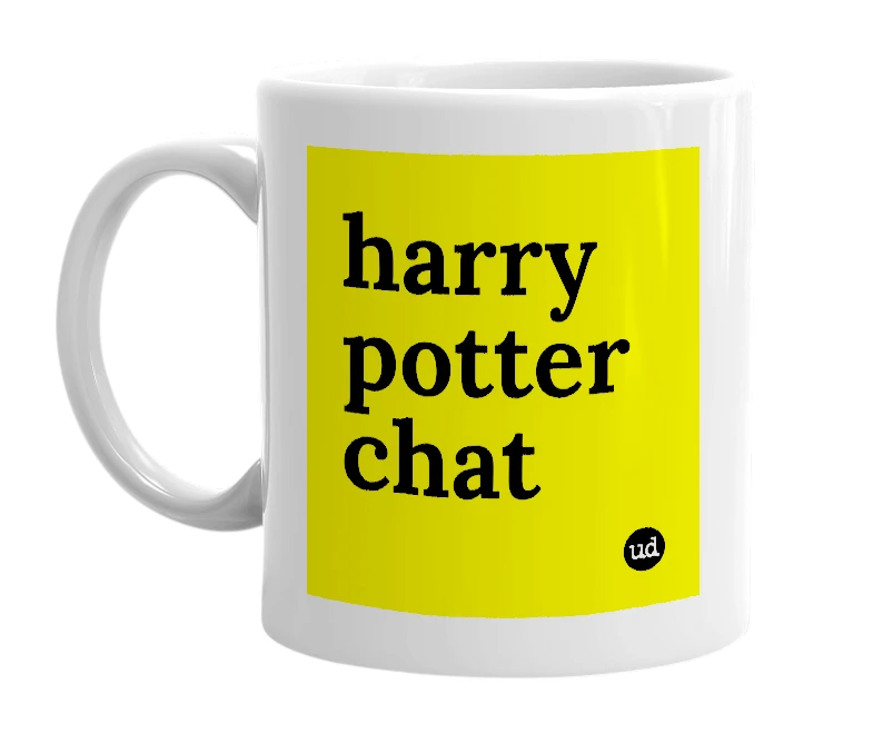 White mug with 'harry potter chat' in bold black letters