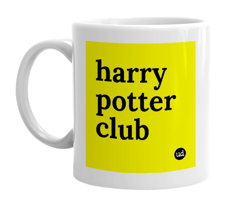 White mug with 'harry potter club' in bold black letters
