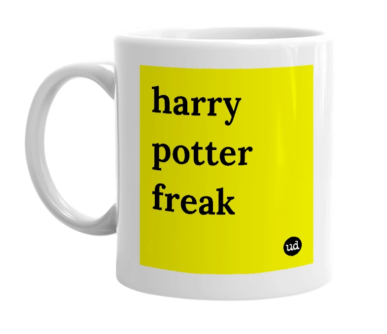 White mug with 'harry potter freak' in bold black letters