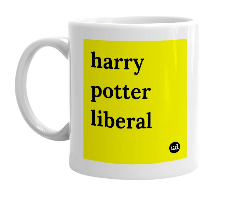 White mug with 'harry potter liberal' in bold black letters