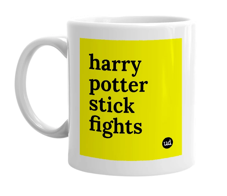 White mug with 'harry potter stick fights' in bold black letters