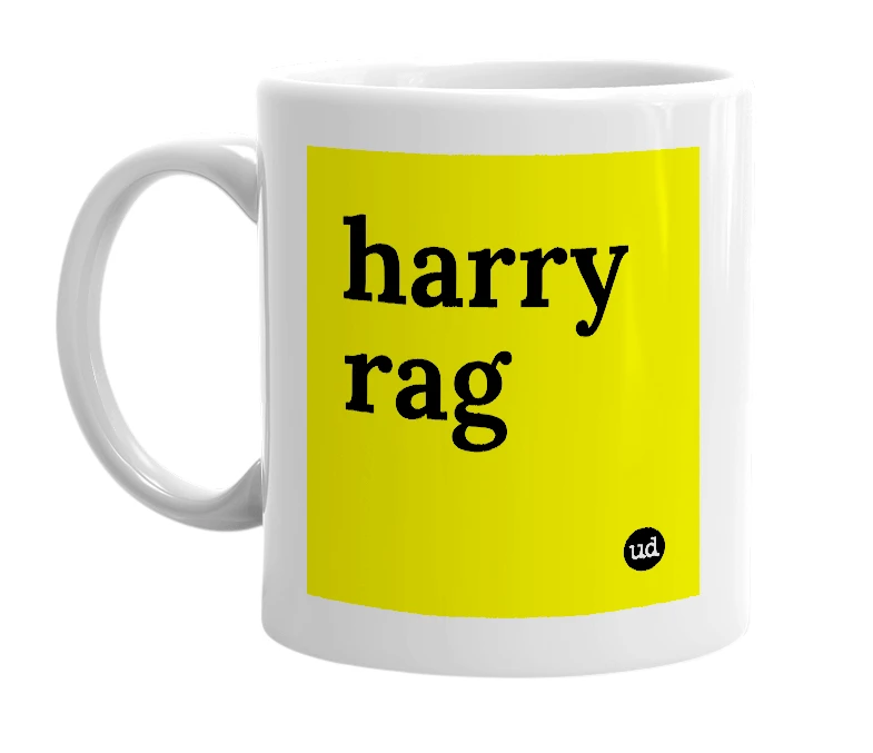 White mug with 'harry rag' in bold black letters