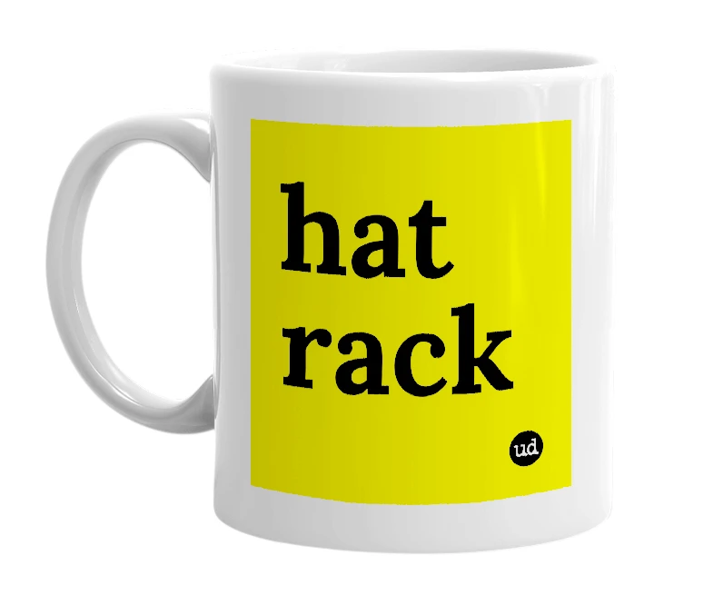 White mug with 'hat rack' in bold black letters