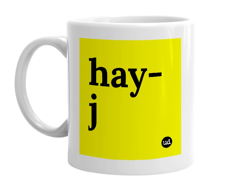 White mug with 'hay-j' in bold black letters