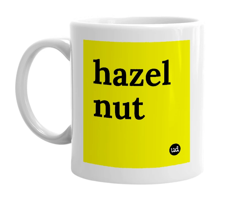 White mug with 'hazel nut' in bold black letters