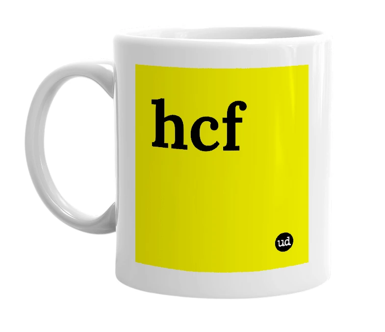 White mug with 'hcf' in bold black letters