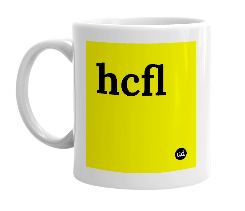 White mug with 'hcfl' in bold black letters