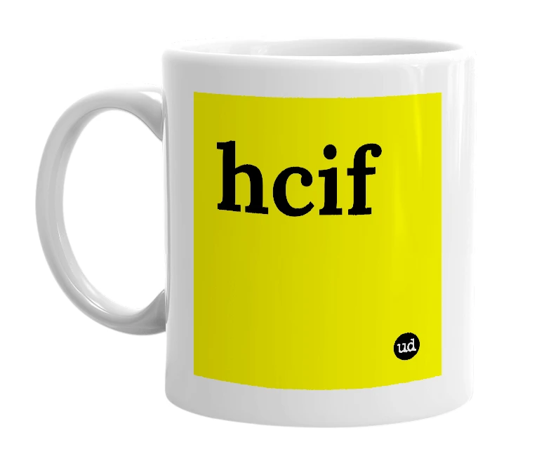 White mug with 'hcif' in bold black letters