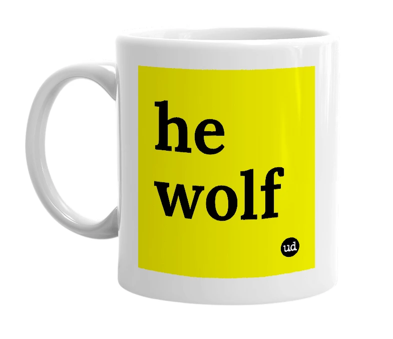 White mug with 'he wolf' in bold black letters