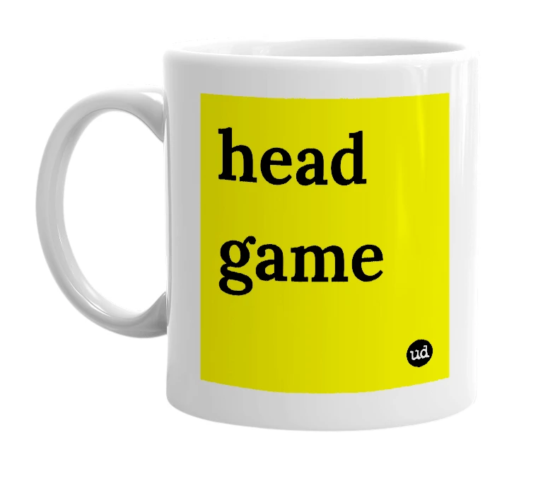 White mug with 'head game' in bold black letters