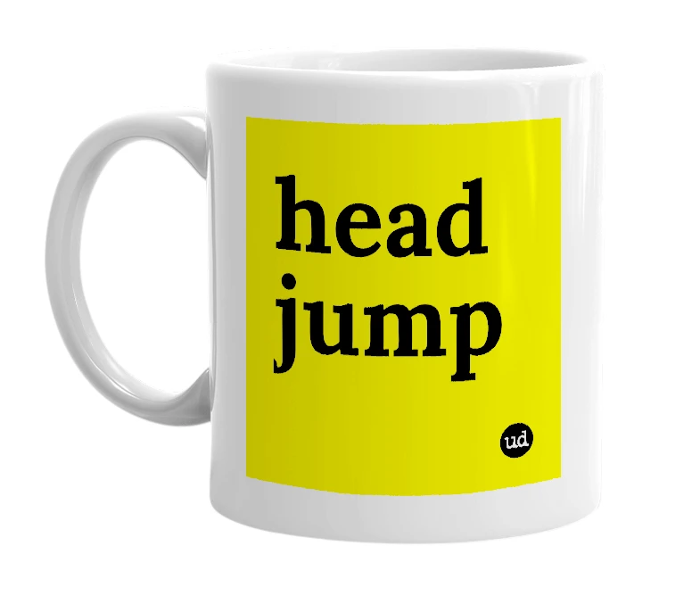 White mug with 'head jump' in bold black letters