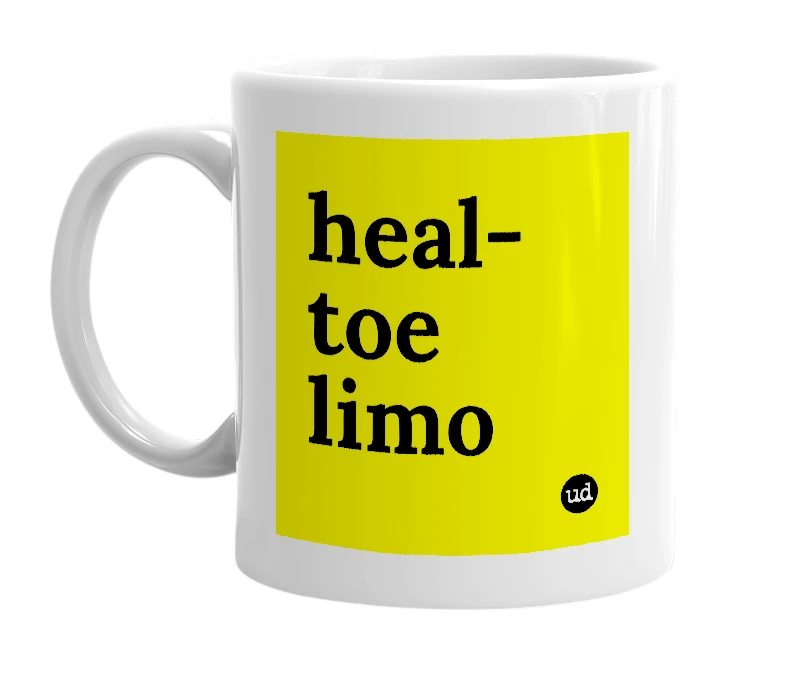 White mug with 'heal-toe limo' in bold black letters