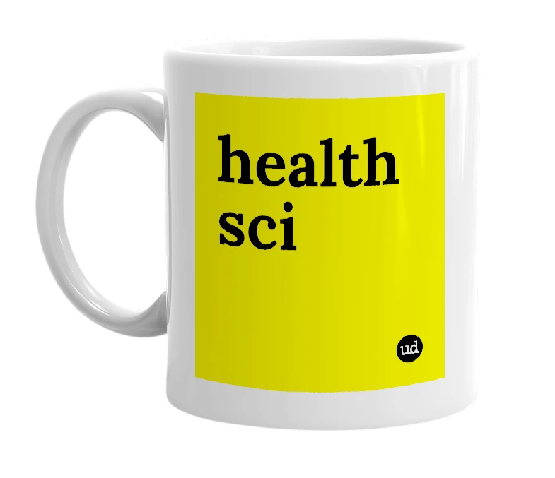 White mug with 'health sci' in bold black letters