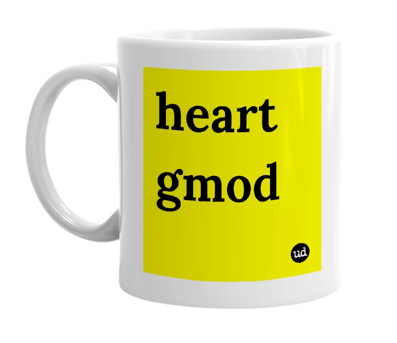 White mug with 'heart gmod' in bold black letters
