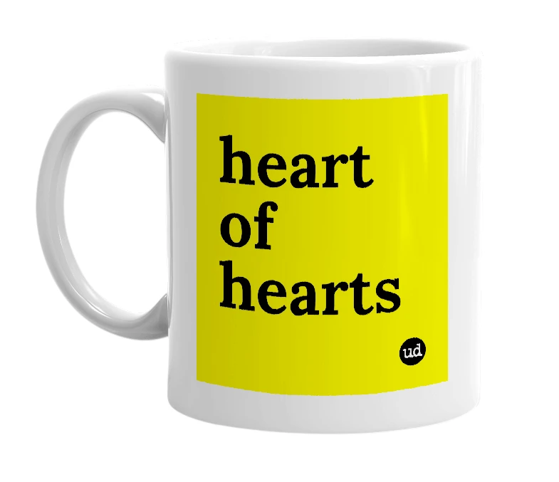 White mug with 'heart of hearts' in bold black letters