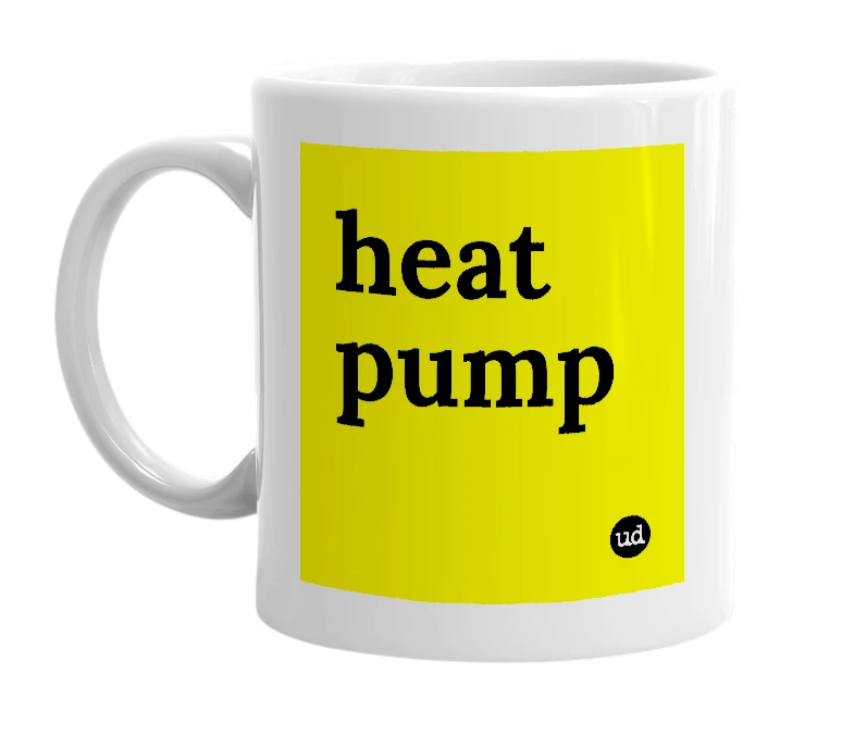 White mug with 'heat pump' in bold black letters