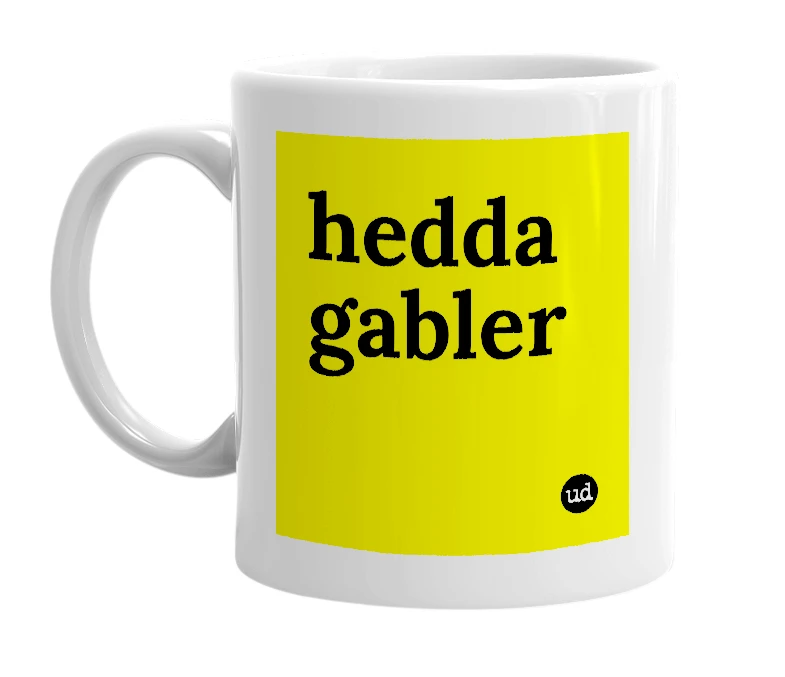 White mug with 'hedda gabler' in bold black letters