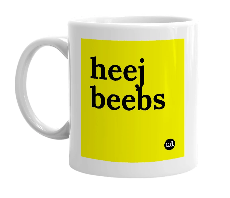 White mug with 'heej beebs' in bold black letters
