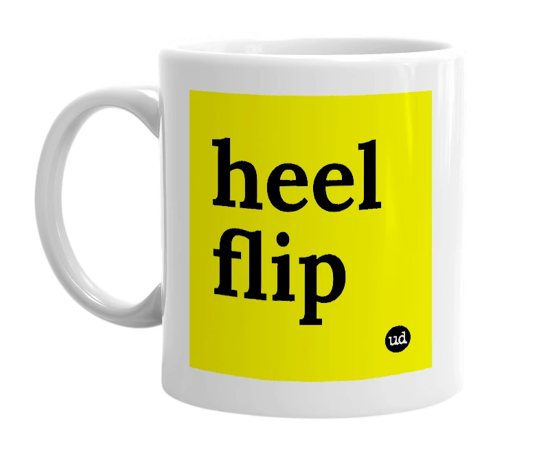 White mug with 'heel flip' in bold black letters