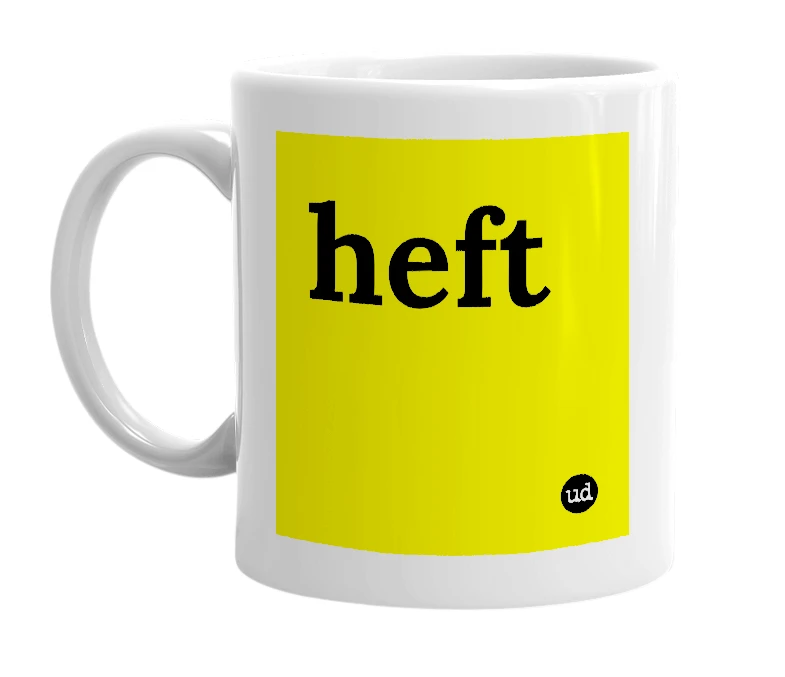 White mug with 'heft' in bold black letters